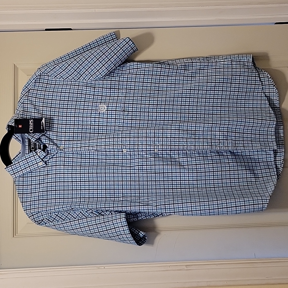 Chaps short sleeve plaid blue shirt, size L